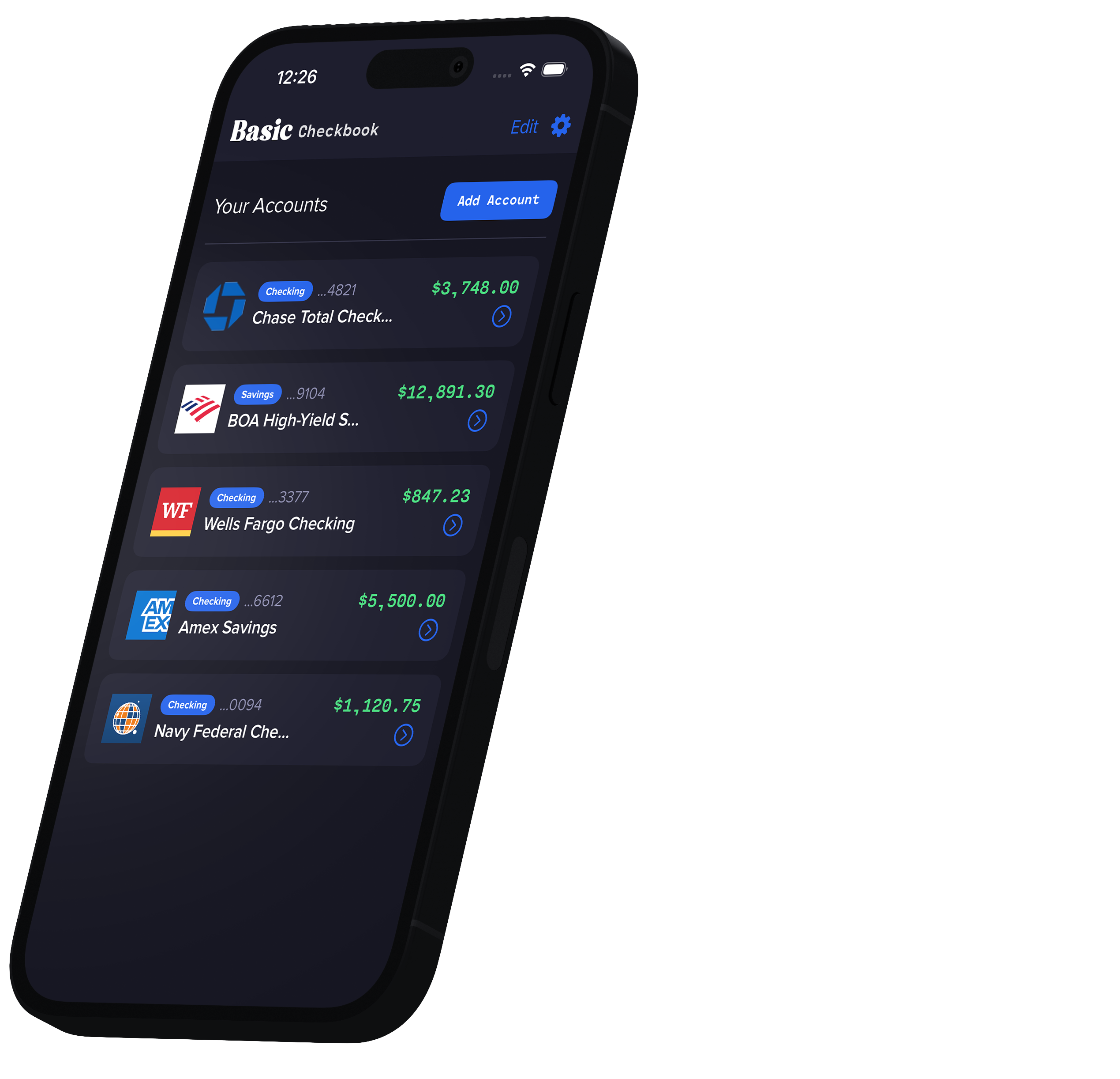Basic Checkbook showing multiple bank accounts