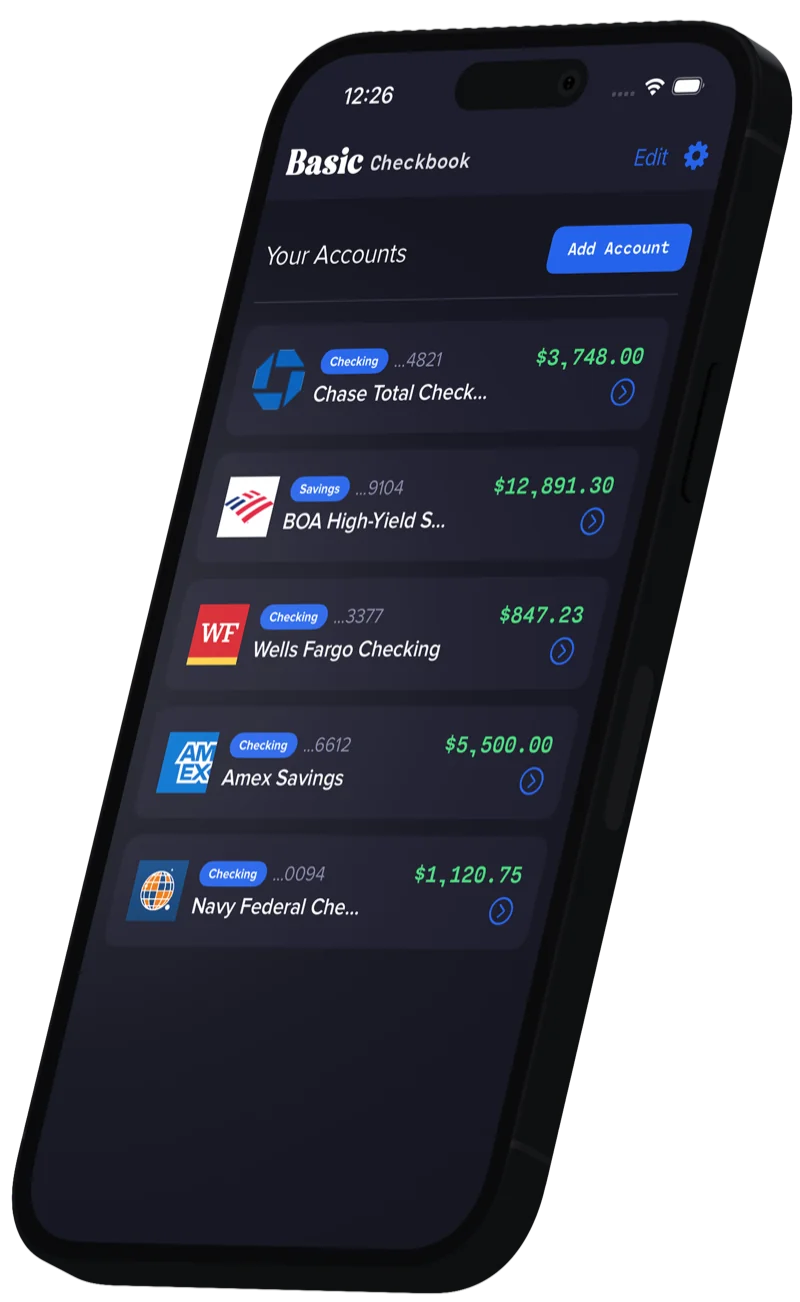Basic Checkbook showing multiple bank accounts