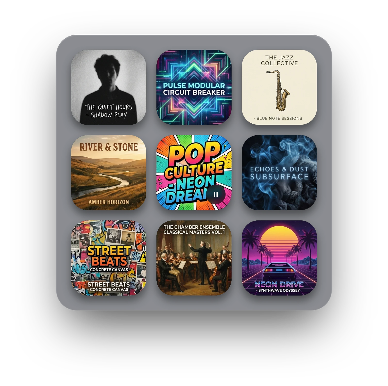 A BasicDeck page of album artwork tiles with a Now Playing badge