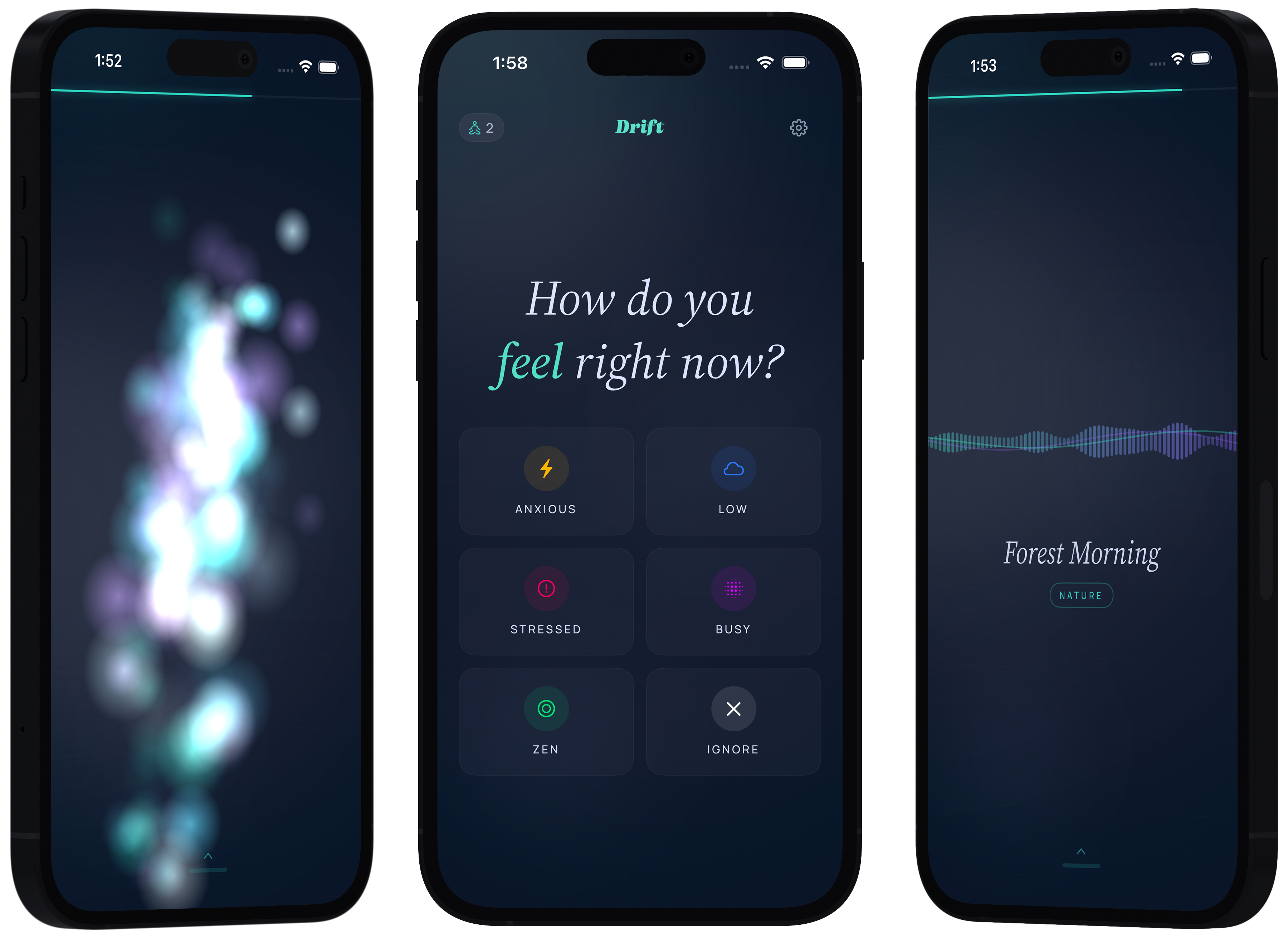 Drift app showing touch visuals and breathwork