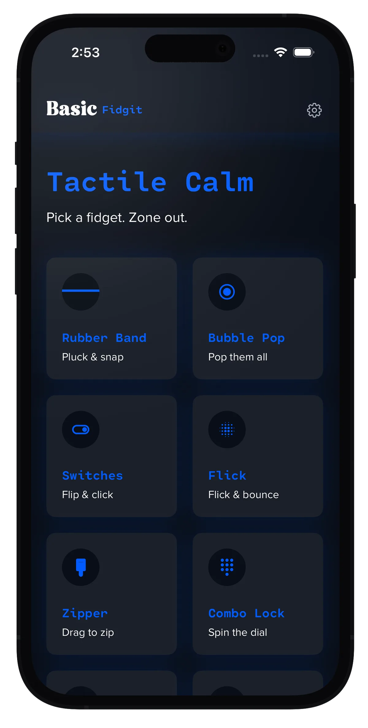 Basic Fidgit app showing fidget toy collection