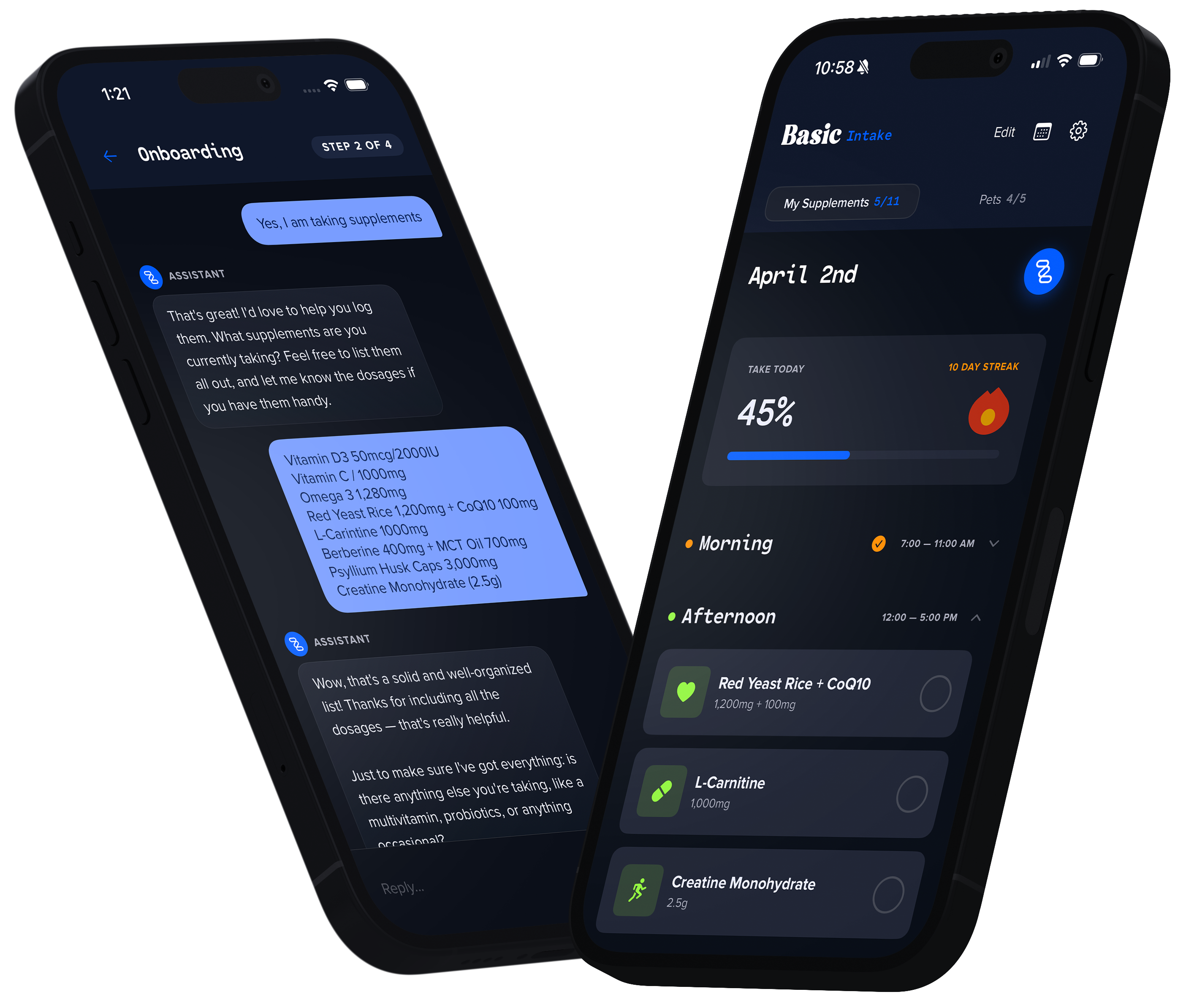 Basic Intake app showing supplement tracking