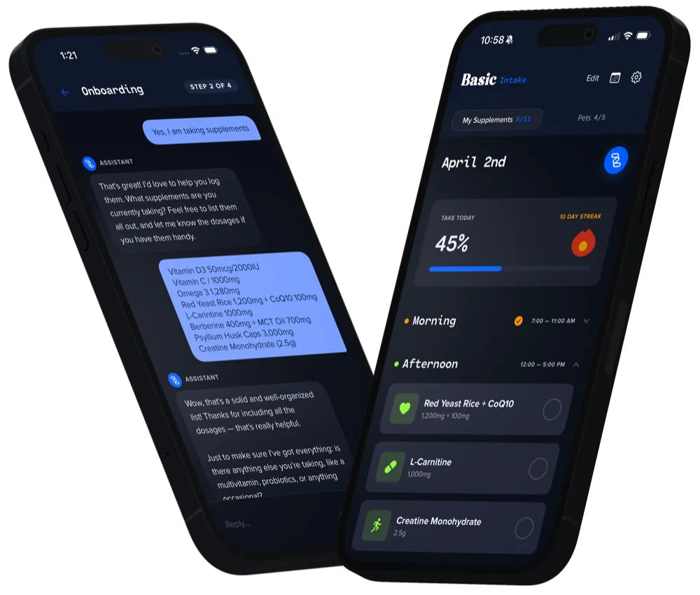 Basic Intake app showing supplement tracking
