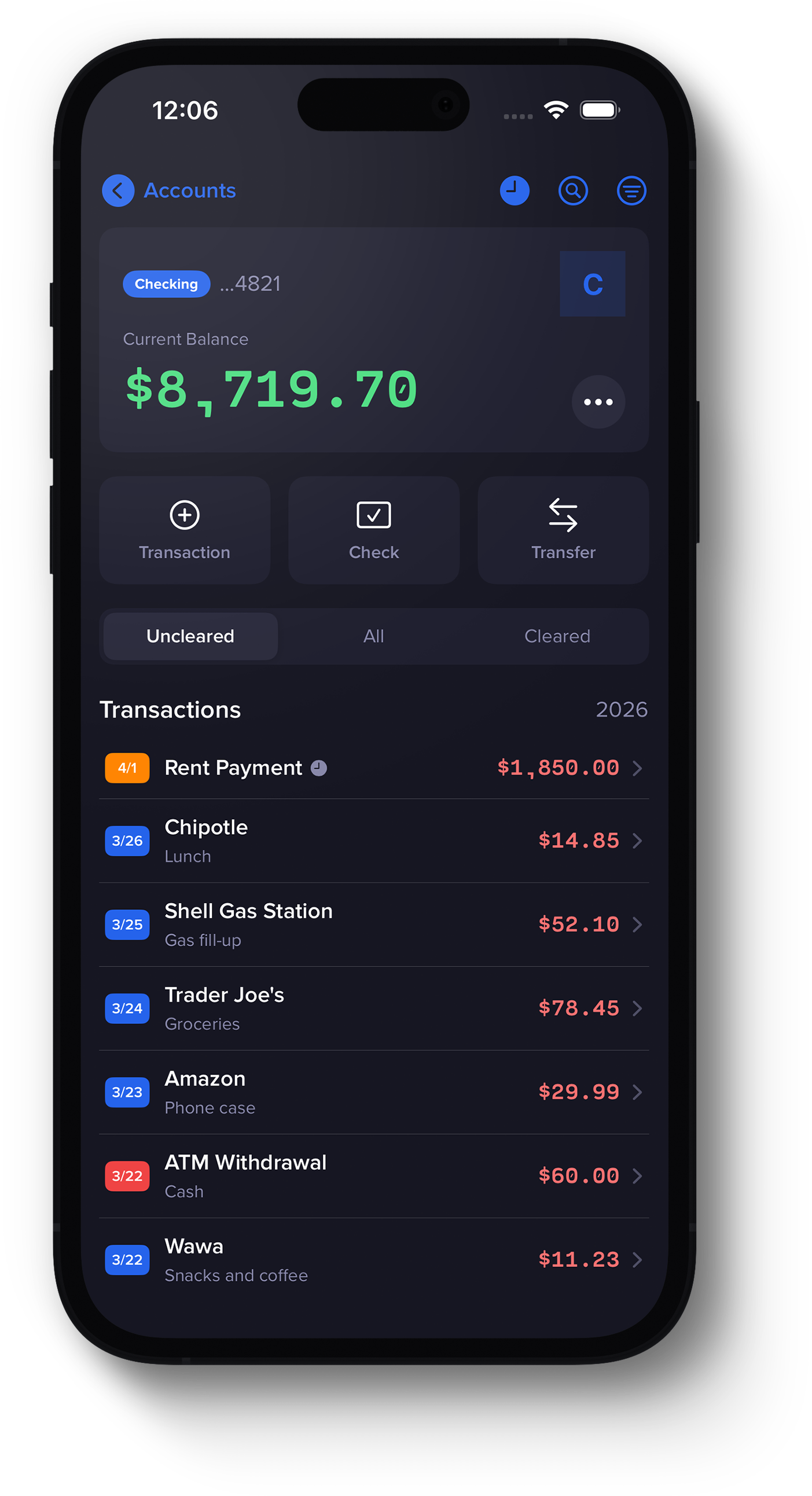Basic Checkbook app showing account balance and transactions