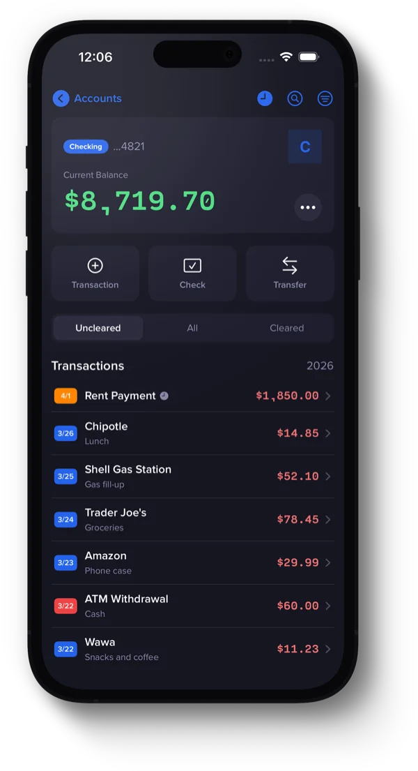 Basic Checkbook app showing account balance and transactions