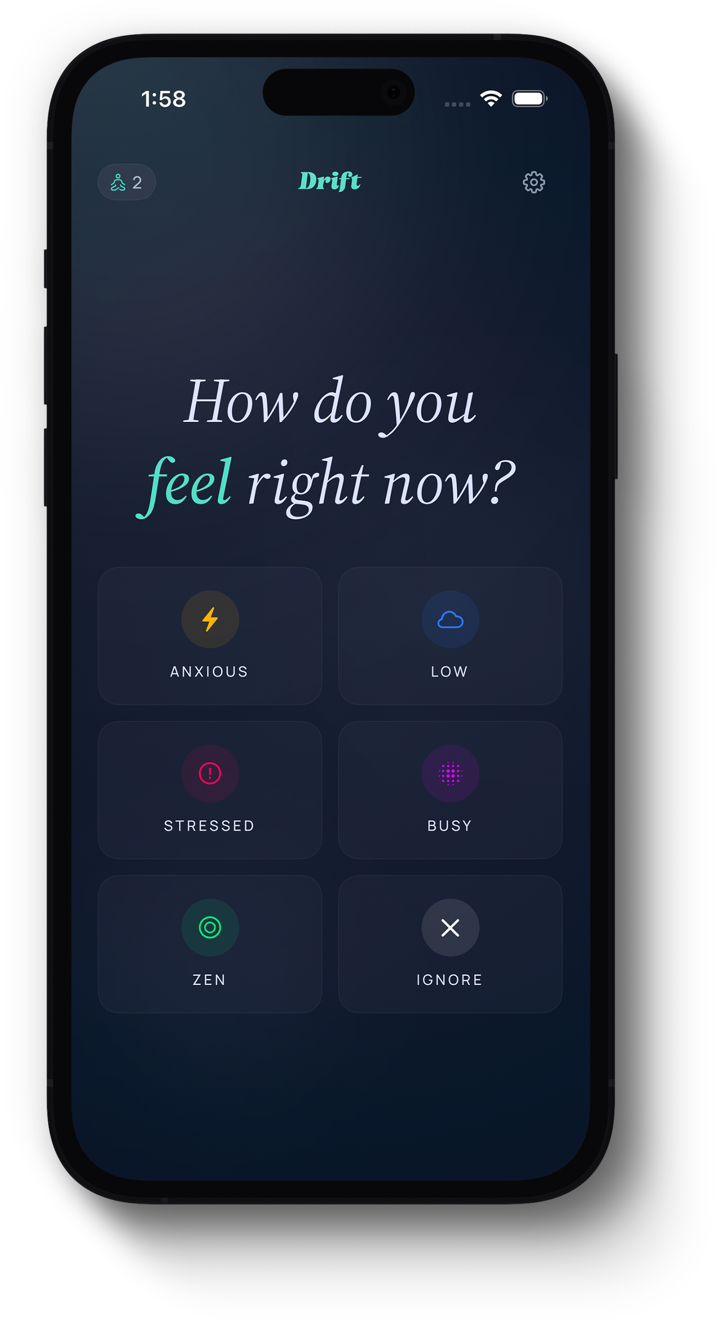 Drift app showing mood check-in screen