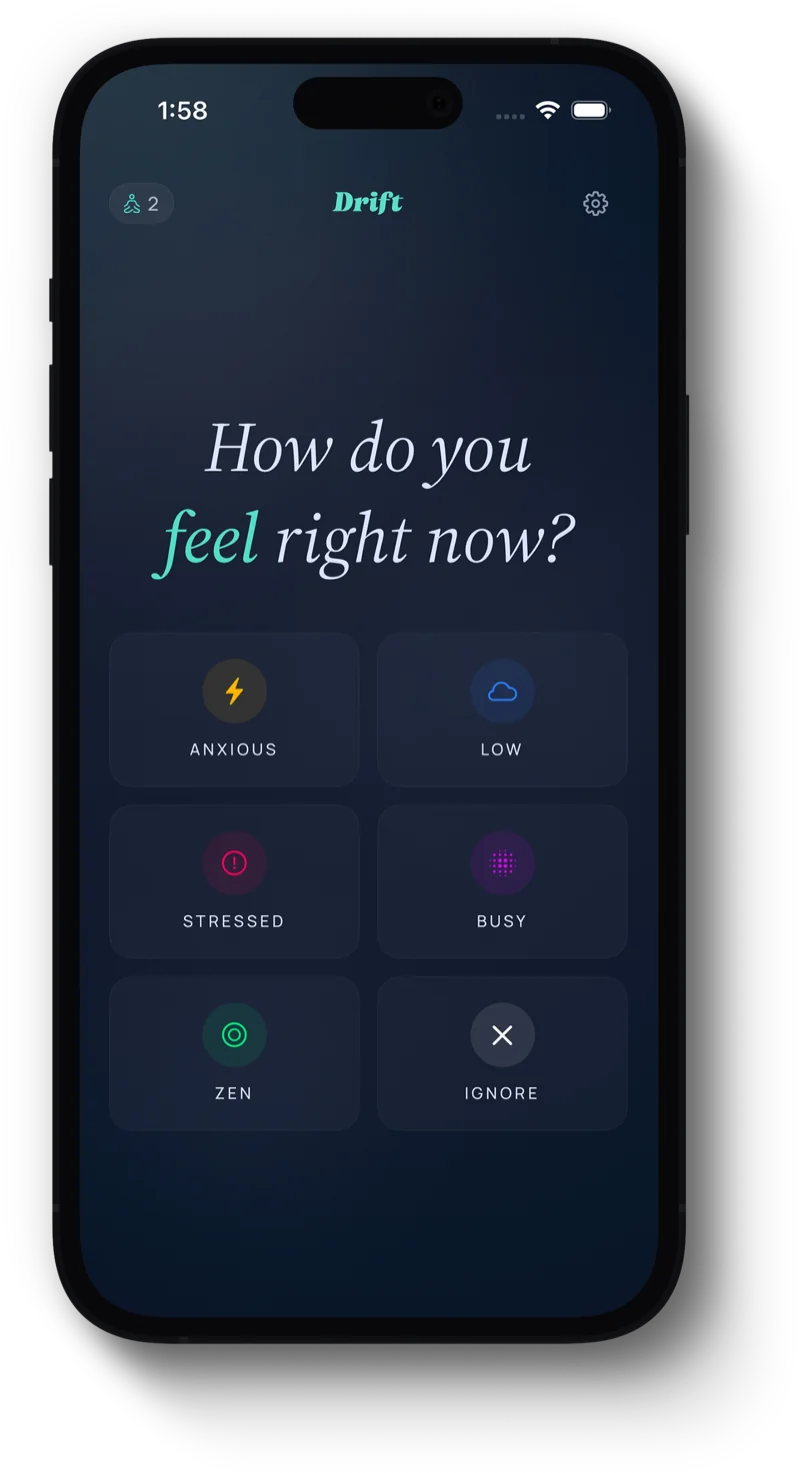 Drift app showing mood check-in screen