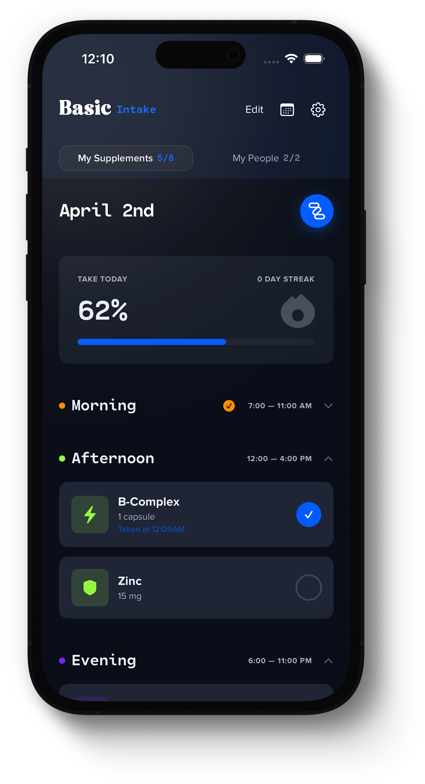 Basic Intake app showing supplement tracking