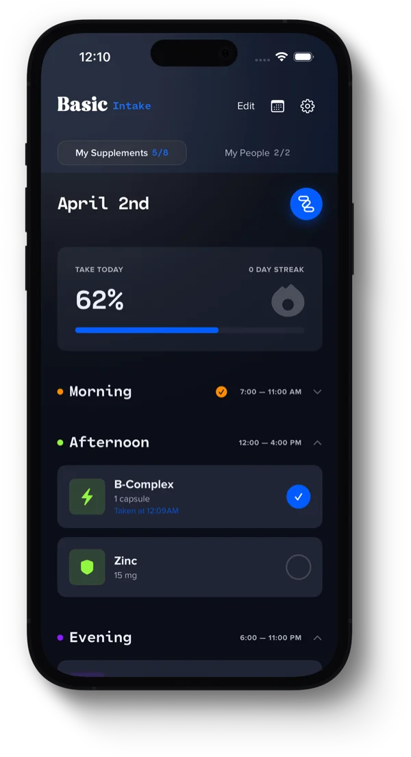 Basic Intake app showing supplement tracking